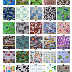 Puede incluir: Una colecci&oacute;n de treinta muestras de tela con varios patrones que incluyen deportes, animales, formas geom&eacute;tricas y personajes de dibujos animados, cada una etiquetada con un n&uacute;mero de identificaci&oacute;n &uacute;nico del 701 al 747.