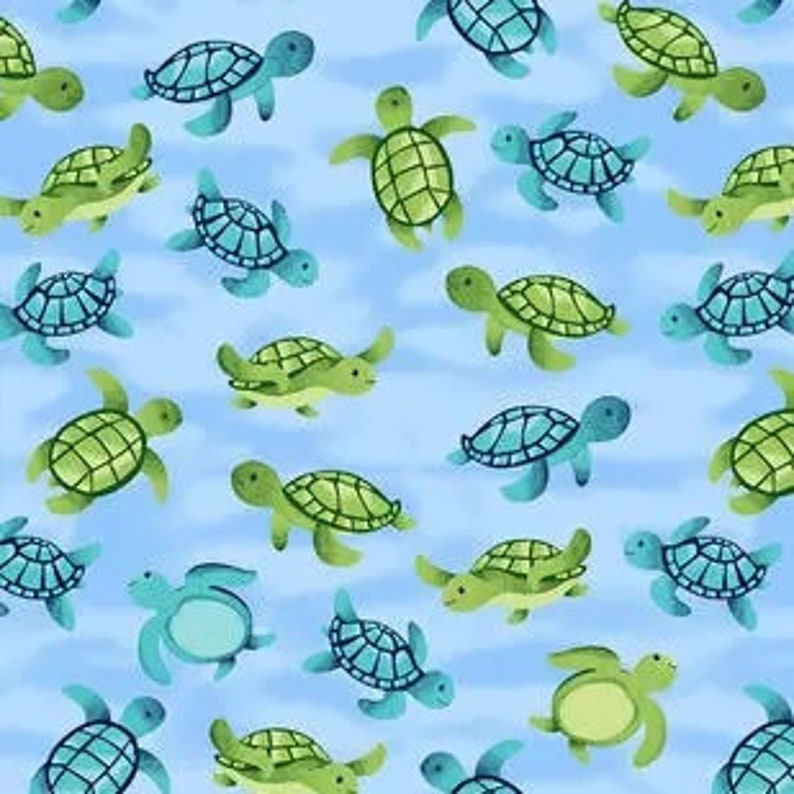 May include: A repeating pattern on a light blue background featuring multiple sea turtles in various shades of green and teal. The turtles are depicted in different swimming positions, showcasing detailed shell markings and flippers.