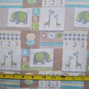 Baby Patchwork on White - Flannel By The Yard - Elephants, Giraffes, ABC and 123, Brown, Green, and Gray - Super Snuggle 100% Cotton
