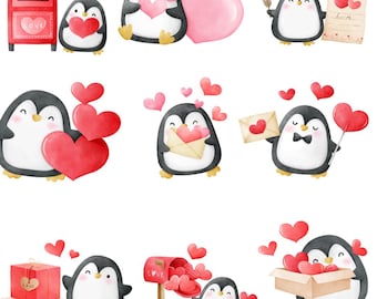 Valentine Penguins Clipart – Heart Designs (Instant Download)