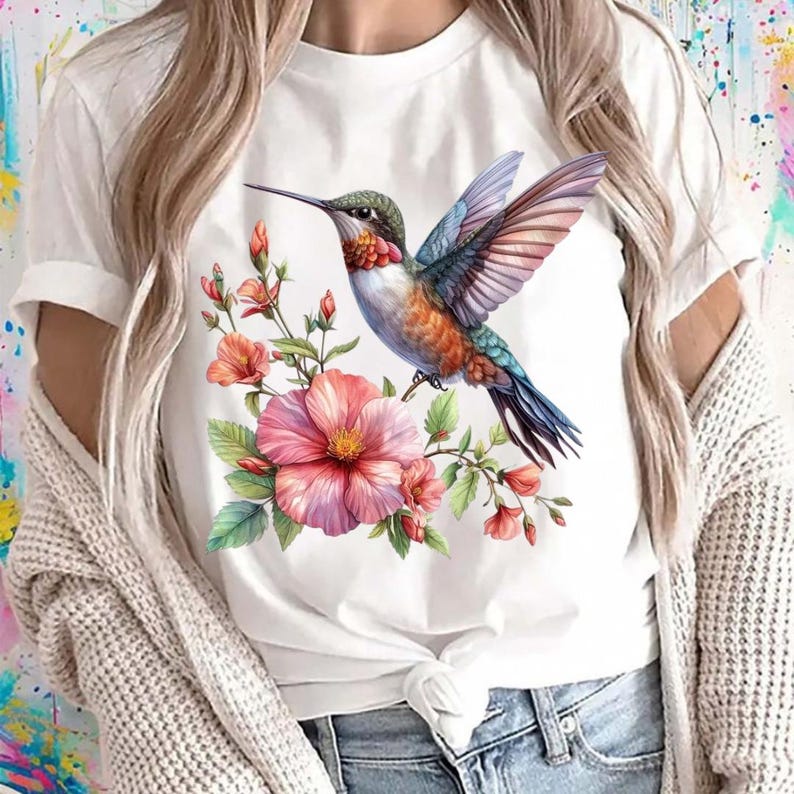 Puede incluir: Camiseta blanca con un colibr&iacute; colorido y flores rosas y naranjas. El ave tiene plumas azules, naranjas y verdes. Un dise&ntilde;o vibrante con tem&aacute;tica de la naturaleza.