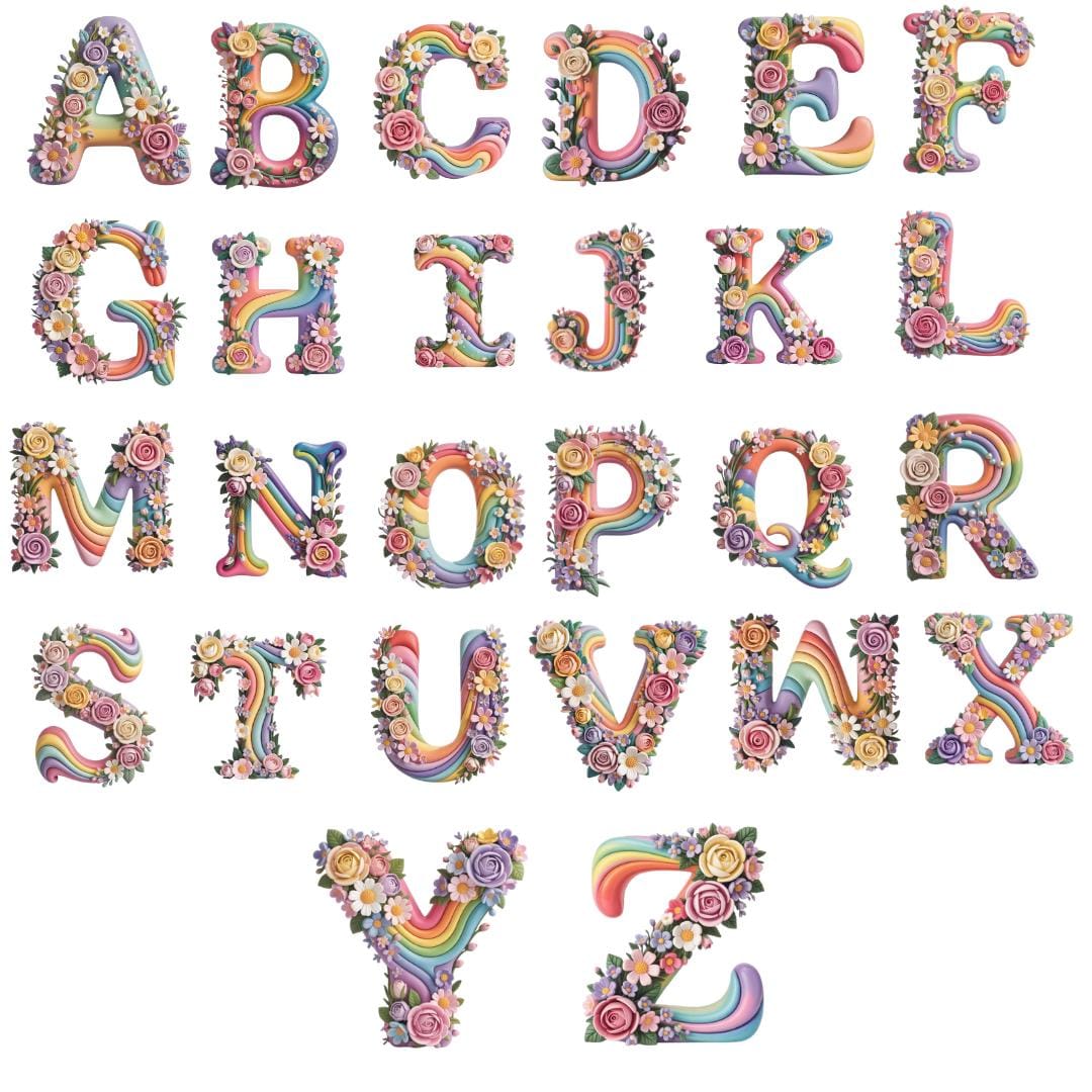 Floral Rainbow Alphabet Letters Clipart, Colorful PNG Bundle (digital ...