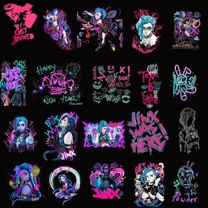 May include: A collection of colorful graphic designs featuring the character Jinx from the animated series Arcane. The designs include portraits, text, and stylized illustrations in shades of pink, blue, and black.