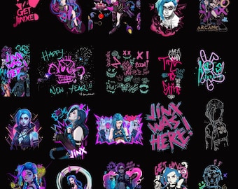 May include: A collection of colorful graphic designs featuring the character Jinx from the animated series Arcane. The designs include portraits, text, and stylized illustrations in shades of pink, blue, and black.