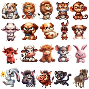 Può includere: Illustrazioni di animali dei cartoni animati con varie espressioni. Gli animali includono un bulldog, un leone, una tigre, una scimmia, una capra, un cane, una mucca, un topo, un coniglio, una zebra, un facocero e una pantera. Ogni animale è raffigurato con un design e una tavolozza di colori unici.