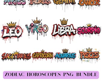 Zodiac Graffiti PNG Bundle: All 12 Signs Horoscope Street Art Sublimation File