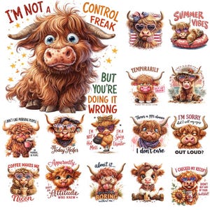 Peut inclure: Plusieurs illustrations fantaisistes de vaches des Highlands avec des accessoires et des phrases. Les vaches sont représentées dans un style de dessin animé, avec une fourrure brune et de grands yeux. Les phrases incluent "Je ne suis pas un maniaque du contrôle" et "Summer Vibes".