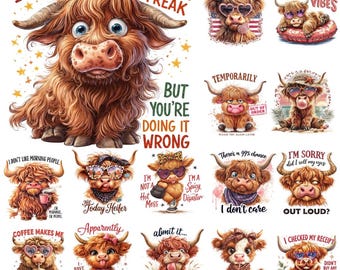 Funny Highland Cow Shirt PNGs Bundle, Funny Sarcastic Shirt PNG Bundle, Funny Sassy Highland cow Cow Shirt Design Bundle, Sarcastic Cow Png