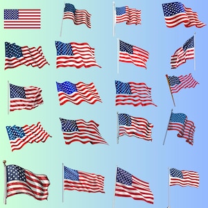 May include: A collection of American flags in various states of undulation. The flags feature the iconic design of red and white stripes and a blue canton with white stars. Some flags are on poles, others are waving freely.