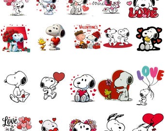 May include: A collection of Snoopy-themed Valentine's Day stickers. The stickers feature Snoopy with hearts, flowers, and balloons. Some stickers include text like "Love is in the Air" and "Will you?"
