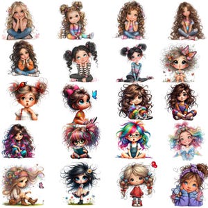May include: A collection of digital illustrations featuring adorable cartoon girls with various hairstyles and outfits. Each girl is depicted in a seated position, with detailed facial features and colorful clothing. Butterflies and flowers are included in some of the illustrations.
