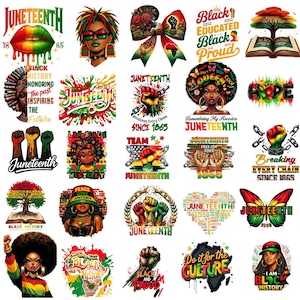 May include: A collection of colorful Juneteenth-themed graphics. Designs include text like "Juneteenth," "Black History," and "Do it for the Culture." The images feature diverse illustrations, including lips, fists, and portraits, with vibrant color palettes.