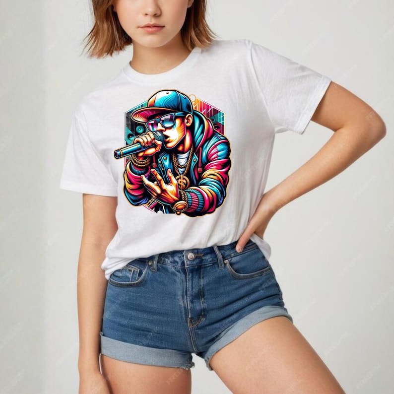 May include: White t-shirt featuring a colorful illustration of a rapper holding a microphone. The graphic includes a blue cap, sunglasses, and a gold chain. The rapper is set against a geometric background.