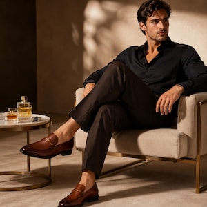 May include: A man wearing a black button-down shirt and brown pants sits in a cream-colored chair. He wears brown leather loafers with gold accents. A small table holds perfume bottles and a watch.