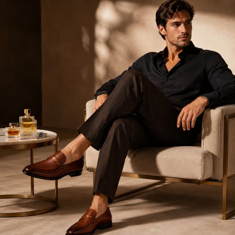 May include: A man wearing a black button-down shirt and brown pants sits in a cream-colored chair. He wears brown leather loafers with gold accents. A small table holds perfume bottles and a watch.