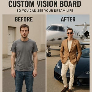 May include: A custom vision board concept with the text "CUSTOM VISION BOARD" and "SO YOU CAN SEE YOUR DREAM LIFE." The image shows a "before" and "after" comparison of a person's life, with a private jet and luxury car in the "after" scene.