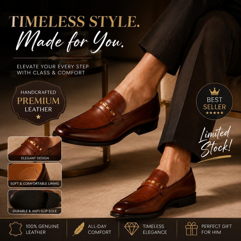 May include: Brown leather loafers with gold-colored accents. The shoes feature a classic design with a comfortable lining and durable sole. The image includes text that reads "Timeless Style. Made for You."