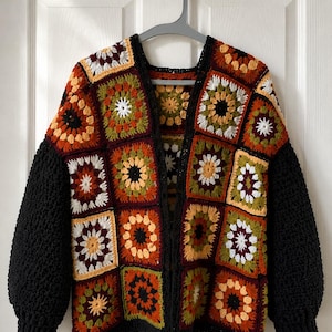 Handmade Granny Square Cardigan | Autumn Boho Crochet Jacket Women | Plus Size S-4XL | Earthy Patchwork Coat Fall Sweater Gift