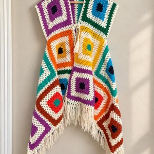 Handmade Granny Square Vest Women | Boho Crochet Kimono Fringe Hem | Plus Size S-4XL | Patchwork Festival Summer Cardigan Gift