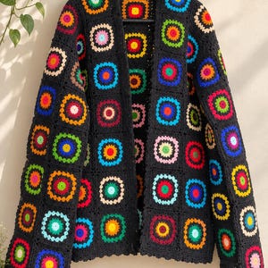 Handmade Granny Square Cardigan | Boho Crochet Jacket Women | Black Multicolor Patchwork Coat | Artisan Festival Sweater Gift for Her