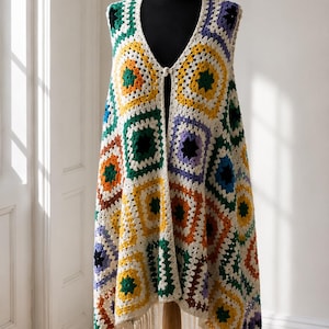Handmade Granny Square Vest Women | Boho Crochet Kimono Fringe Hem | Plus Size S-4XL | Patchwork Festival Summer Cardigan Gift
