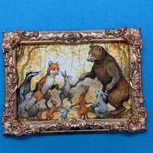 Bears and Animal Friends Dancing in the Forest, Whimsical Miniature Dollhouse Framed Picture, Goldtone Frame, Cabin Dollhouse Print