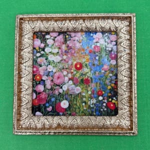 Modern Floral Miniature Framed Print, Impressionist-Style Garden Dollhouse Picture with Flowers in a Goldtone Frame, 1:12 Scale