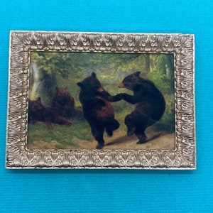 Vintage Bears Dancing in the Forest, Whimsical Bears Miniature Dollhouse Framed Picture, Goldtone Frame, Cabin Dollhouse Miniature Print