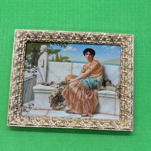 Reverie by John William Godward, Miniature Dollhouse Framed Picture, A Woman in a Red Dress Scans the Horizon