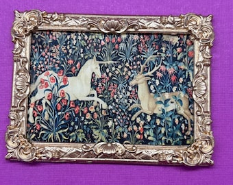 Dollhouse Miniature Tapestry Print: Unicorn and Deer, Gold Hand-Painted Frame