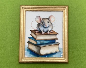 Cute Mouse on Books Miniature Framed Print, Whimsical Mouse Miniature Dollhouse Framed Picture, AI Art Print, Goldtone Frame, 1:12 Scale