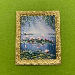 Monet Lily Pond with Flowers Miniature Framed Reproduction, Impressionist Art, Dollhouse Picture, Claude Monet, 1:12 Scale, #031