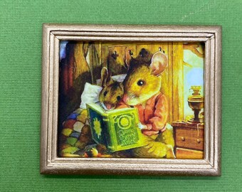 Cute Mice Reading a Book, Miniature Framed Print, Whimsical Mouse Miniature Dollhouse Framed Picture, Goldtone Frame, 1:12 Scale