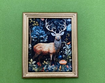 Miniature Deer Picture, William Morris Reproduction Print for your Victorian Dollhouse, Deer in the Forest with Flowers and Plants