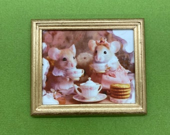 Super Cute Mouse Tea Party Miniature Picture, Whimsical Mice Dollhouse Framed Art, Goldtone Frame, 1:12 Scale