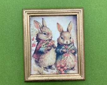 Two Little Rabbits in a Goldtone Frame, Dollhouse Miniature Picture, Cute Woodland Creatures, Dollhouse Wall Art, Easter Bunny Picture