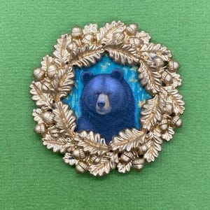 Black Bear in an Oak Leaf Frame, Whimsical Miniature Dollhouse Framed Picture, AI Art Print, Goldtone Frame, 1:12 Scale