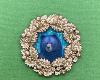Black Bear in an Oak Leaf Frame, Whimsical Miniature Dollhouse Framed Picture, AI Art Print, Goldtone Frame, 1:12 Scale