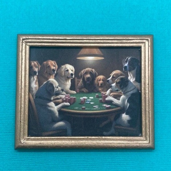 Dog Poker Scene in Miniature,  Re-Imagined Classic of Dogs Playing Cards for Your Dollhouse, Miniature Framed Print, Vintage Dog Picture