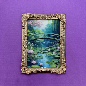 Monet-Inspired Lily Pond and Bridge, Impressionist Art, Miniature Dollhouse Framed Picture, AI Art Print, Gold Plastic Frame, Claude Monet