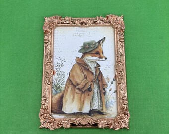 Dollhouse Miniature Victorian Fox Lady in Hat and Coat Framed Print in Gold Frame - 1:12 Scale