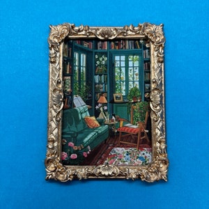 Cozy Green Cottage Interior Miniature Print, Miniature Dollhouse Framed Picture, Resin Goldtone Frame, 1:12 Scale, Miniature Frame Art