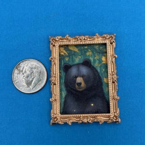 Portrait of a Black Bear, Whimsical Miniature Dollhouse Framed Picture, AI Art Print, Goldtone Frame, 1:24 Scale