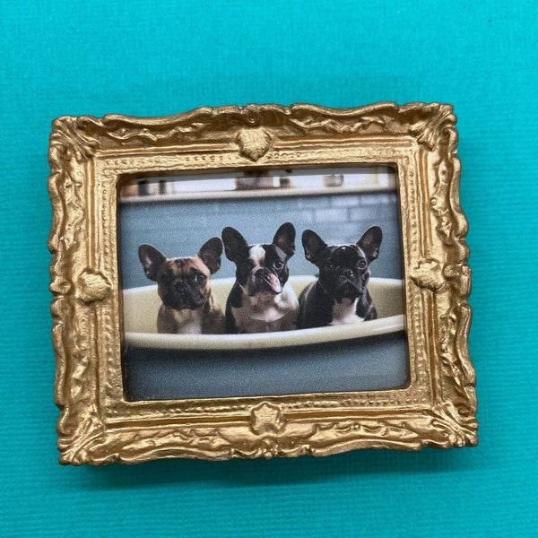 Boston Terriers in Bathtubs, Pugs and French Bulldogs in Tubs for Your Dollhouse, Miniature Framed Prints, Cute Miniature Dollhouse Pictures