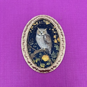 Miniature Picture of Owl with Flowers, Owl Print in a Gold Oval Wall Frame for Your Dollhouse, 1:12 Scale