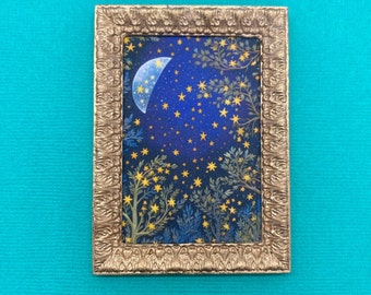Miniature Night Sky with Stars Framed Picture, Vibrant Starry Night with Moon, William Morris Inspired, 1:12 Scale, Dollhouse Picture