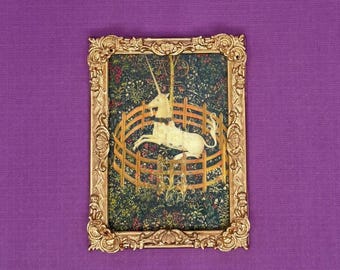 Unicorn Rests in a Garden Picture for your Miniature Castle, Dollhouse Decor, Medieval or Rennaisance Tapestry Print