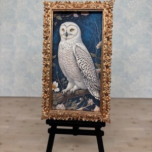 Snowy Owl Dollhouse Framed Picture, AI Art Print, White Hedwig Owl, Miniature Bird Print, 1:12 Scale in a Gold-Tone Frame image 4