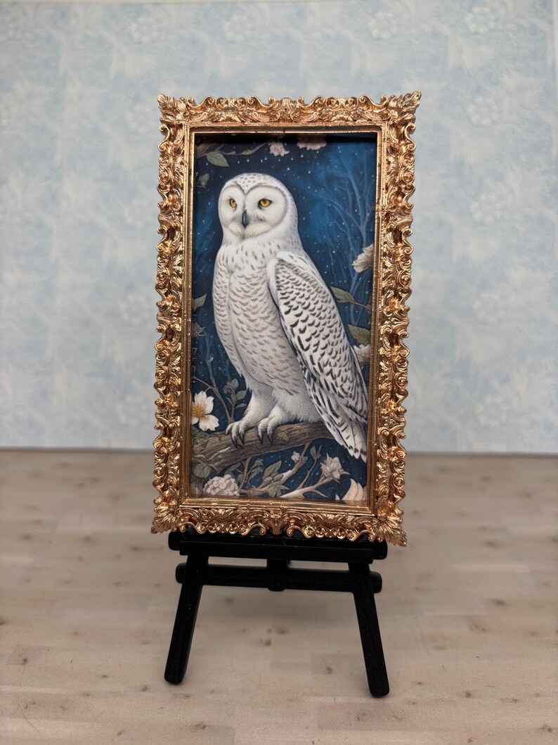 Snowy Owl Dollhouse Framed Picture, AI Art Print, White Hedwig Owl, Miniature Bird Print, 1:12 Scale in a Gold-Tone Frame image 4