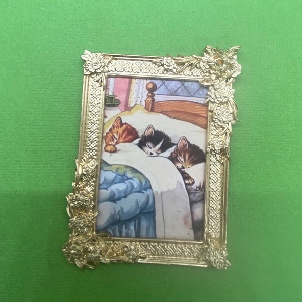 Three Kittens Sleeping Miniature Framed Art, Cats in Pajamas Vintage-Style Print for Your Dollhouse